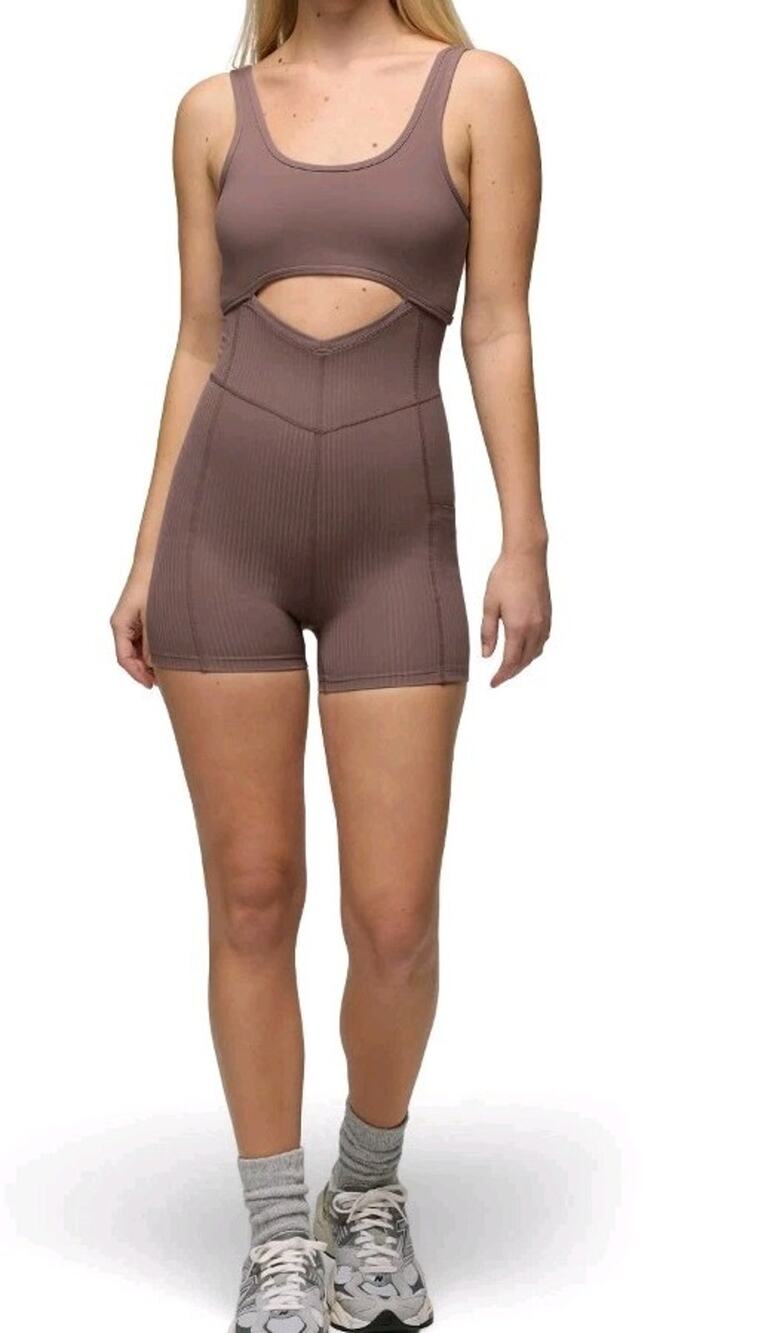NEW prAna Luxara Salutations Romper Sz L Carob Pocket Cut Out Active Dance Yoga